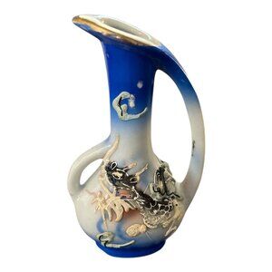 Vintage Japanese Dragon Mini Pitcher Vase Blue White Ombre Moriage Ceramic 4.25”